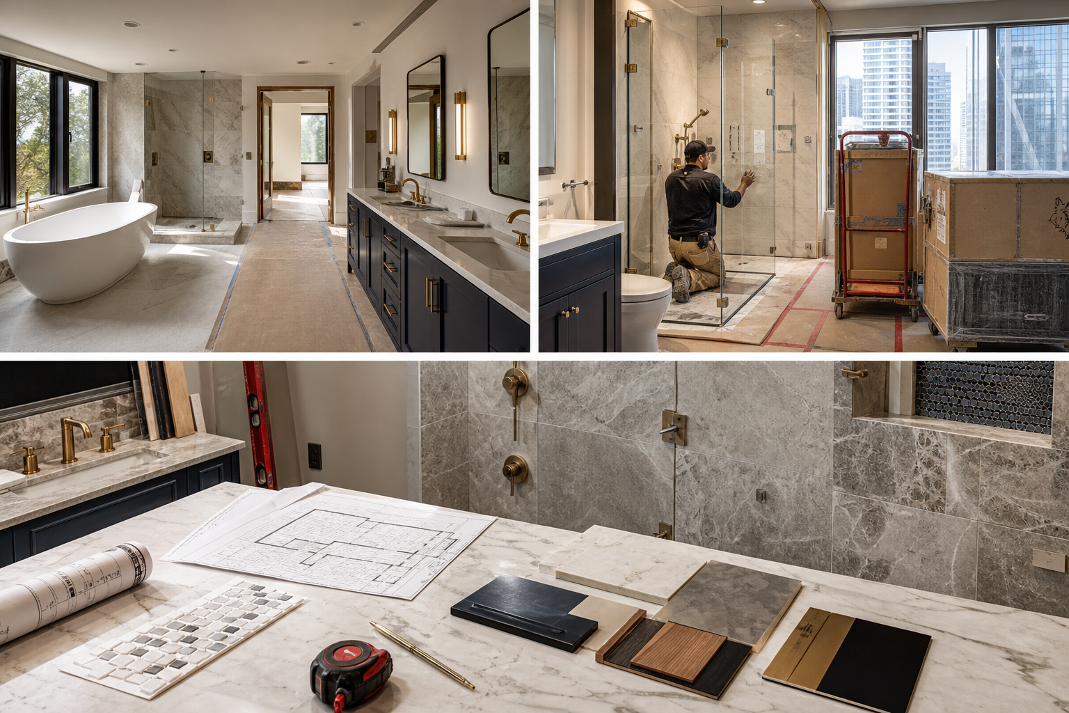 Luxury Chicago master bathroom renovation with a freestanding tub and custom stone finishes