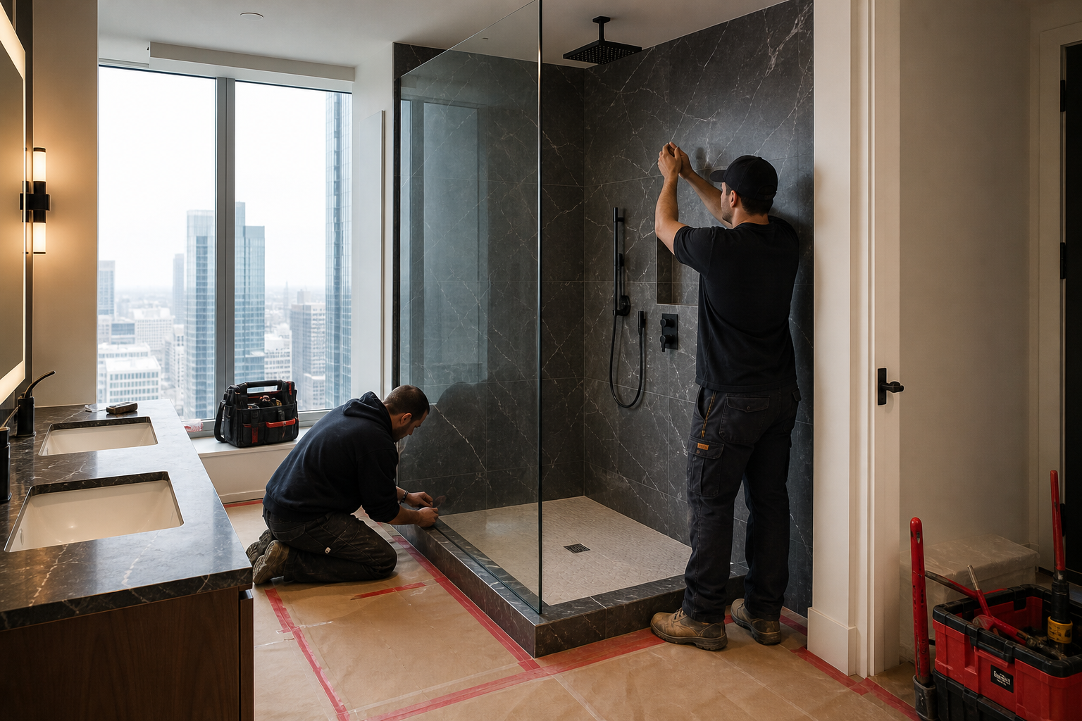 Bathroom remodeling planning materials including tile samples, measurements, and finish selections