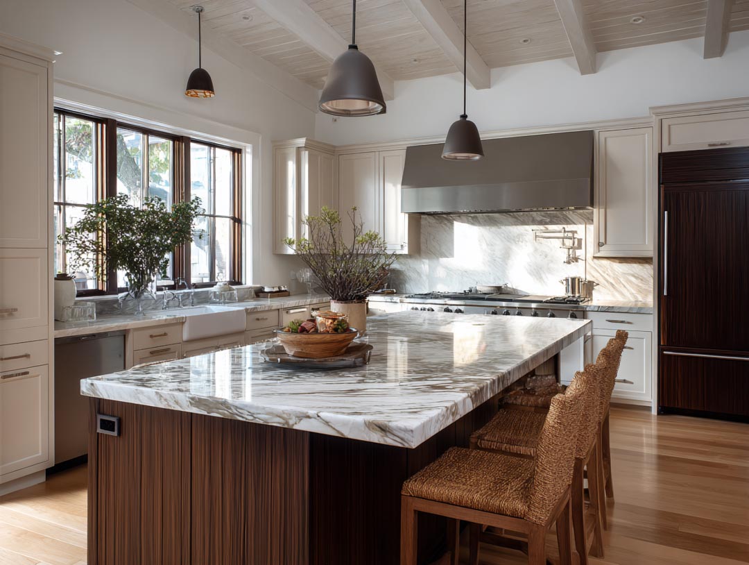 Home Remodeling in Chicago 14 Modern kitchen interior featuring a spacious island with marble countertop, wooden cabinetry, pendant lighting, and large windows allowing natural light, emphasizing a stylish and functional design for home remodeling.