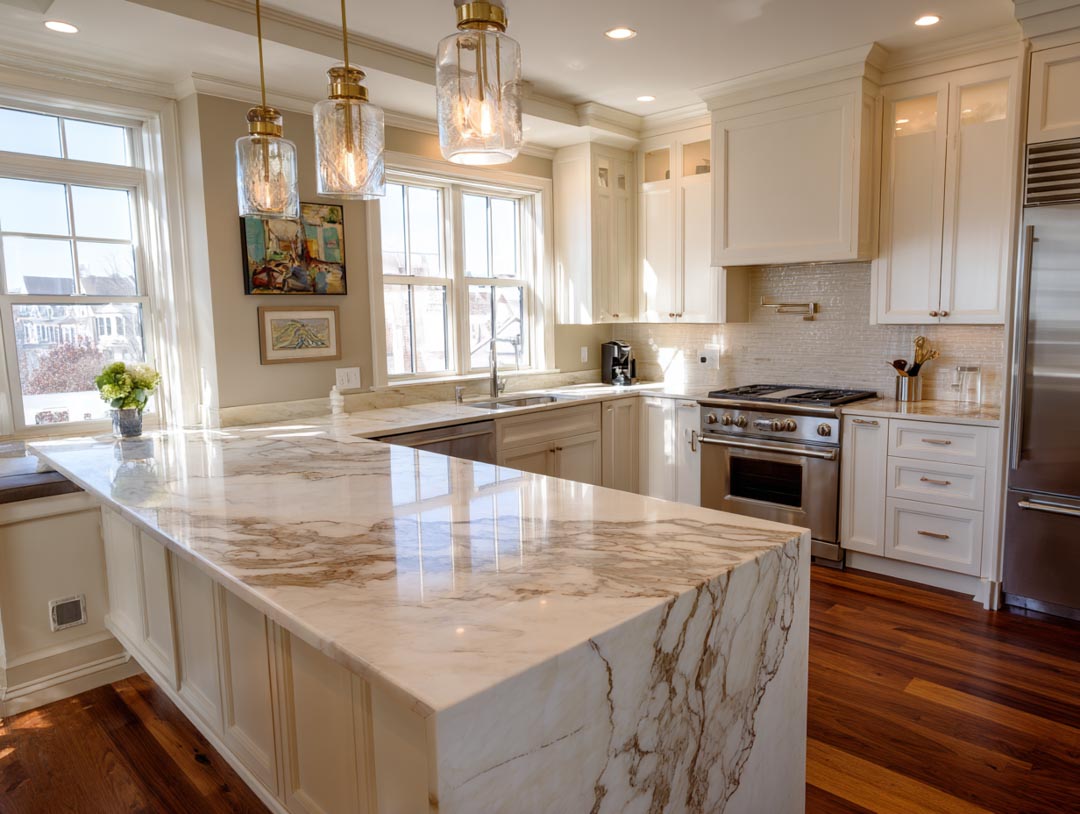 Kitchen Remodeling in Chicago 13 Modern kitchen with marble countertop, stainless steel appliances, and natural light from large windows, showcasing a stylish and functional design for remodeling projects.