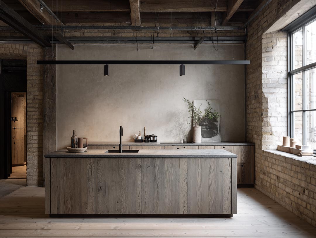 Modern kitchen interior featuring a central wooden island with a black sink and faucet, minimalist decor, and natural light streaming through large windows, emphasizing functionality and design.