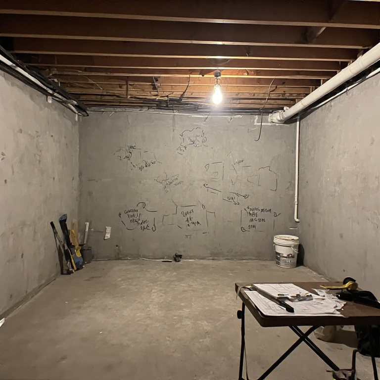 Basement Remodeling in Chicago 12 Empty basement space with unfinished concrete walls and ceiling beams, featuring design sketches on the walls, a work table with plans, and a bucket, illustrating the initial phase of basement remodeling for functional living areas.