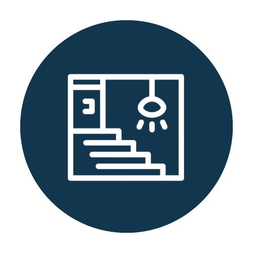 Basement remodeling icon featuring stairs and a light fixture, symbolizing functional living space transformations in Chicago homes.