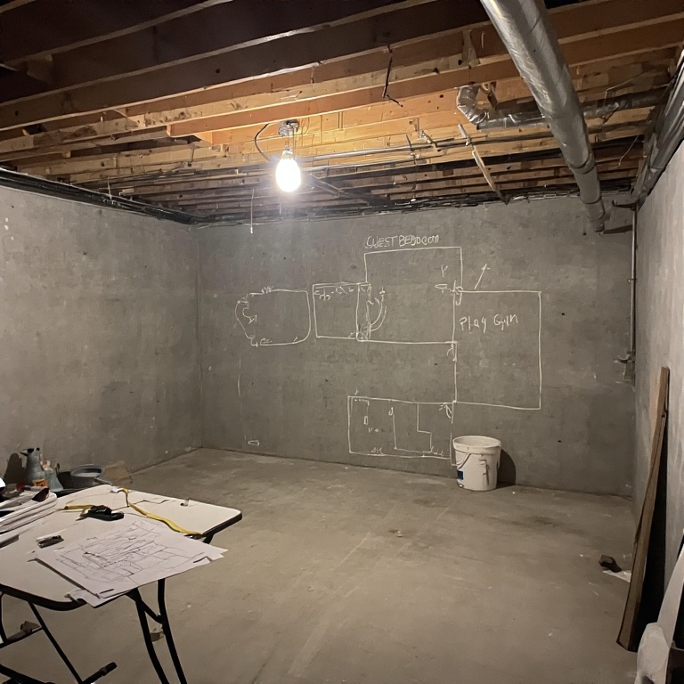 Basement Remodeling in Chicago 1 Basement layout design featuring chalk drawings for a guest bedroom and play gym on concrete walls, with a table displaying renovation plans and materials.