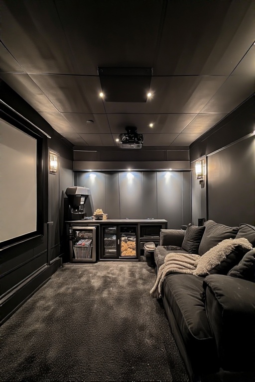 Basement Remodeling in Chicago 10 Cozy home theater with dark walls, projector setup, plush seating, and entertainment bar featuring snacks and beverages, illustrating potential basement remodeling options.