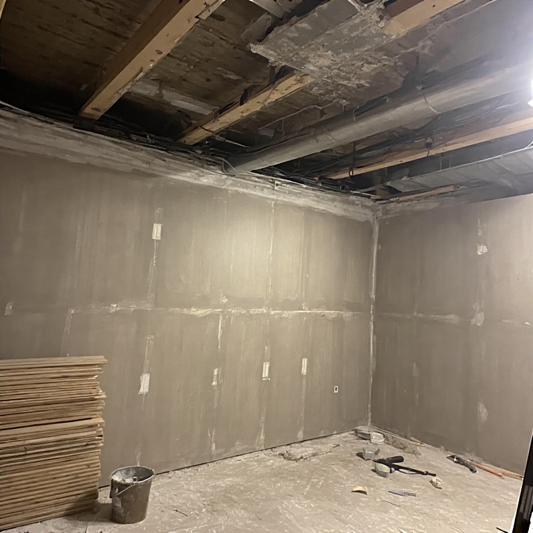 Basement Remodeling in Chicago 4 Basement wall finishing in progress with drywall installation, exposed ceiling beams, and construction materials, showcasing a renovation project by Budget Construction Company.