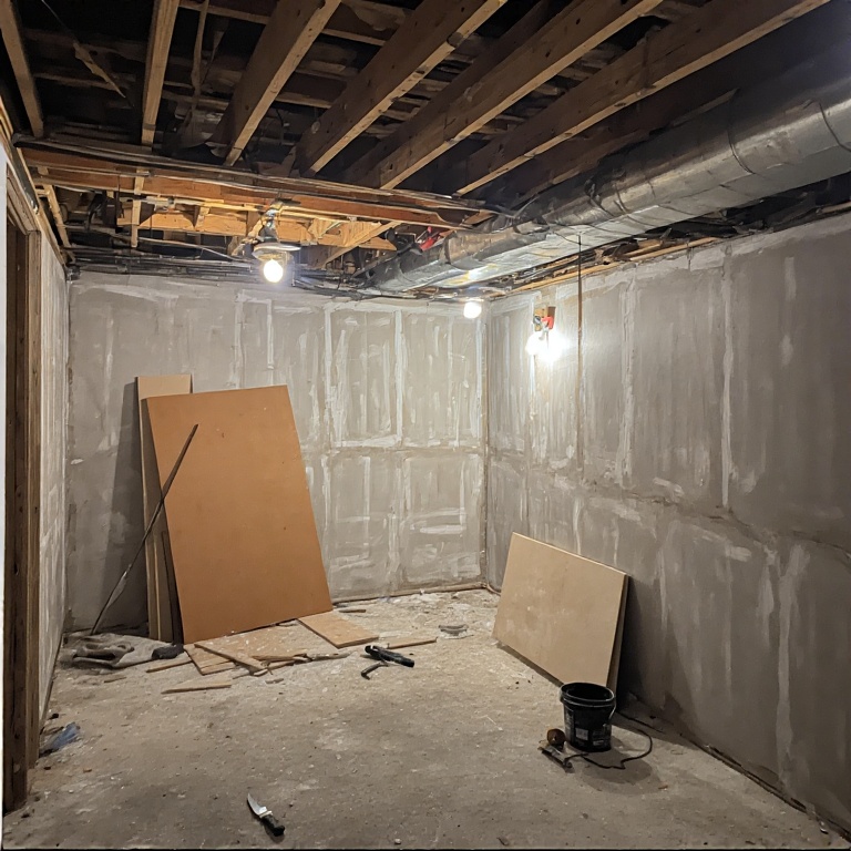 Basement Remodeling in Chicago 14 Basement renovation in progress with framed drywall, exposed ceiling beams, and construction materials, illustrating the transformation of an unfinished space into a functional living area by Budget Construction Company.