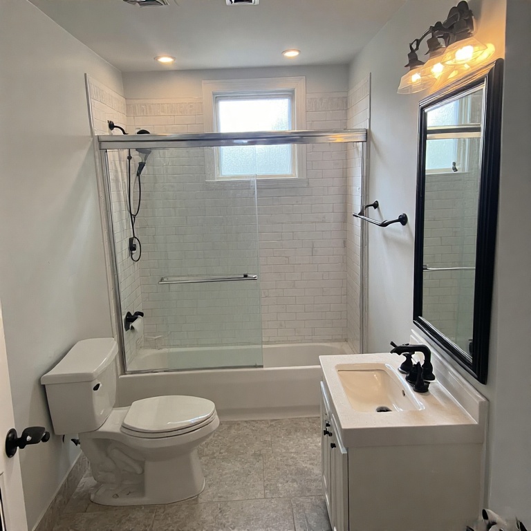 Basement Remodeling in Chicago 5 Modern basement bathroom featuring a shower and tub combination, white subway tile, a sleek vanity with a black faucet, and a window for natural light.