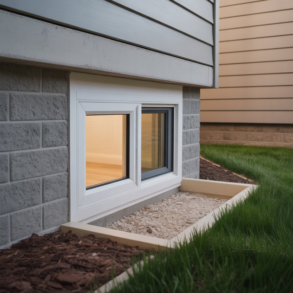 Basement egress window installation featuring a modern white frame, surrounded by landscaping and gravel, providing natural light and emergency exit access.