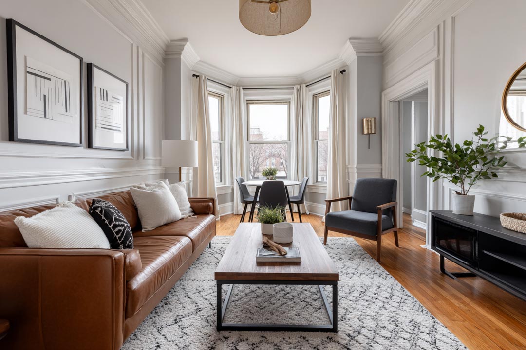 Interior Home Remodeling in Chicago 31 Living room interior featuring a brown leather sofa, decorative pillows, a wooden coffee table, and a dining area with a plant, surrounded by large windows and elegant wall moldings, showcasing modern design elements.